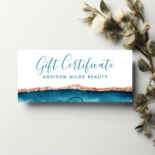 Carte Certificat Cadeau Aquarelle Bleu Vert Et Or