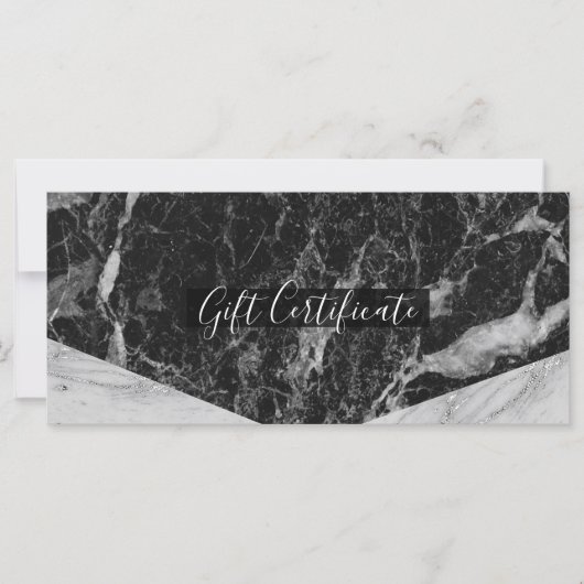 Carte Certificat cadeau Black White & Silver Marble Glam (Devant)