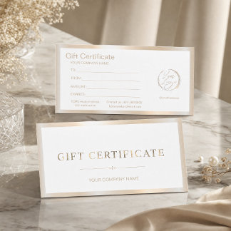 Carte Certificat Cadeau Blanc Élégant & Faux Or Feuille