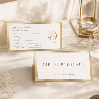 Carte Certificat Cadeau Blanc Élégant & Faux Or Feuille