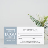 Carte Certificat Cadeau Bleu Simple Moderne pour Entrepr (Debout devant)