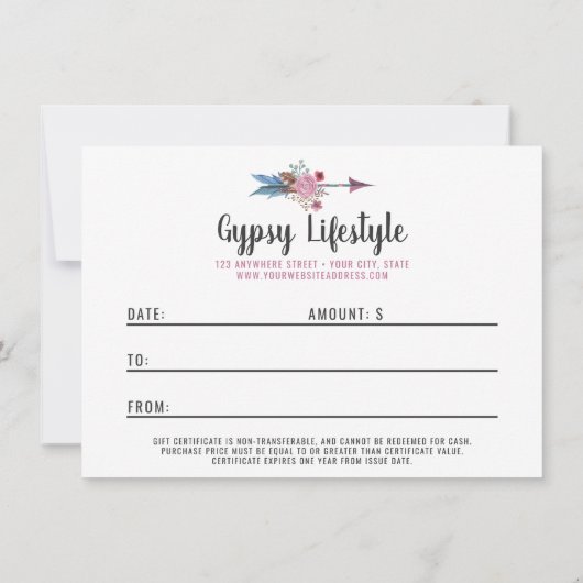 Carte Certificat cadeau Boho Chic Rustic Feather Flèche (Dos)