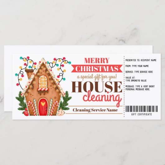 Carte Certificat cadeau cadeau de Noël pour le nettoyage (Devant / Derrière)