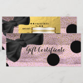 Carte Certificat-cadeau chic à pois rose et or noir (Devant / Derrière)