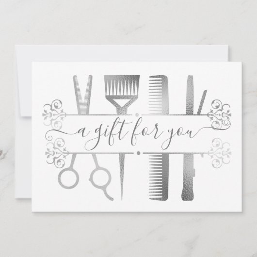 Carte Certificat Cadeau Ciseaux Argent Gris Marbré Feuil (Devant)