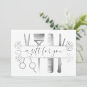 Carte Certificat Cadeau Ciseaux Argent Gris Marbré Feuil (Debout devant)