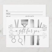 Carte Certificat Cadeau Ciseaux Argent Gris Marbré Feuil (Devant / Derrière)