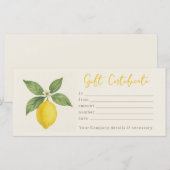 Carte Certificat cadeau citron aquarelle personnalisé (Devant / Derrière)
