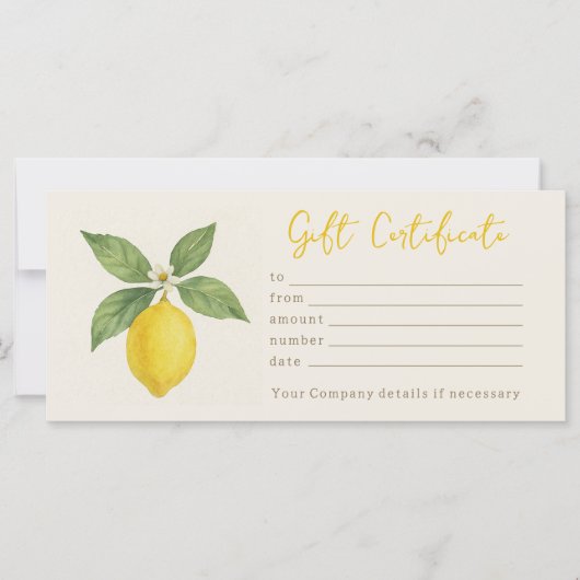 Carte Certificat cadeau citron aquarelle personnalisé (Devant)