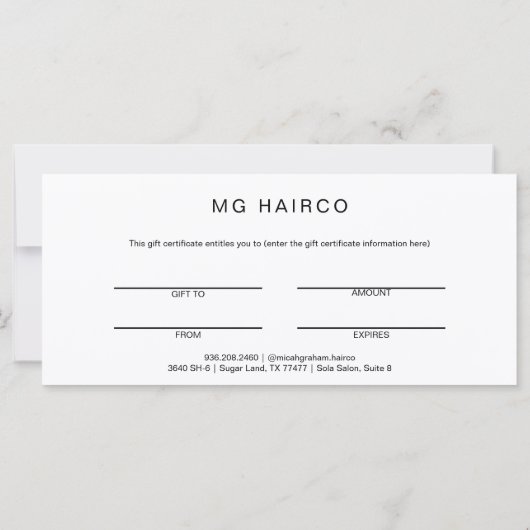 Carte Certificat cadeau client B/W du salon (Dos)