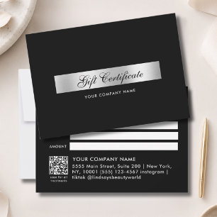 Carte Certificat Cadeau Code QR Argent Noir Élégant
