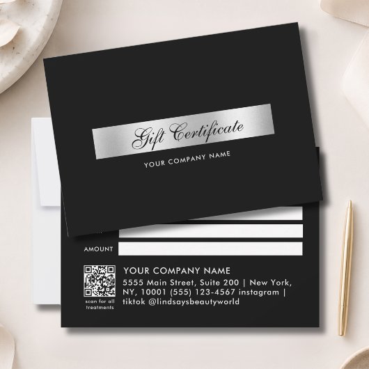 Carte Certificat Cadeau Code QR Argent Noir Élégant