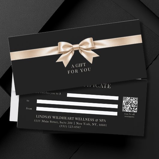 Carte Certificat Cadeau Code QR Élégant à Ruban Noir