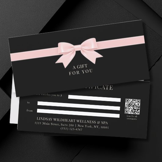 Carte Certificat Cadeau Code QR Élégant à Ruban Noir