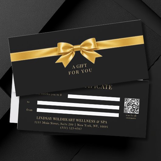 Carte Certificat Cadeau Code QR Élégant avec Ruban Noir
