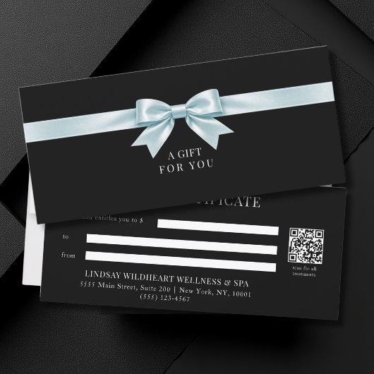 Carte Certificat Cadeau Code QR Élégant avec Ruban Noir