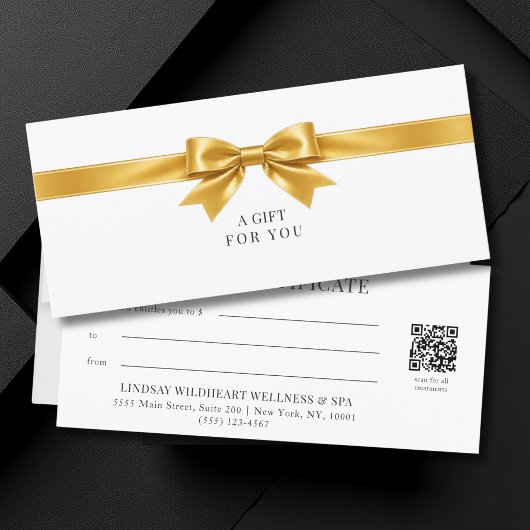 Carte Certificat Cadeau Code QR Élégant Ruban Blanc