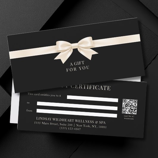 Carte Certificat Cadeau Code QR Élégant Ruban Noir