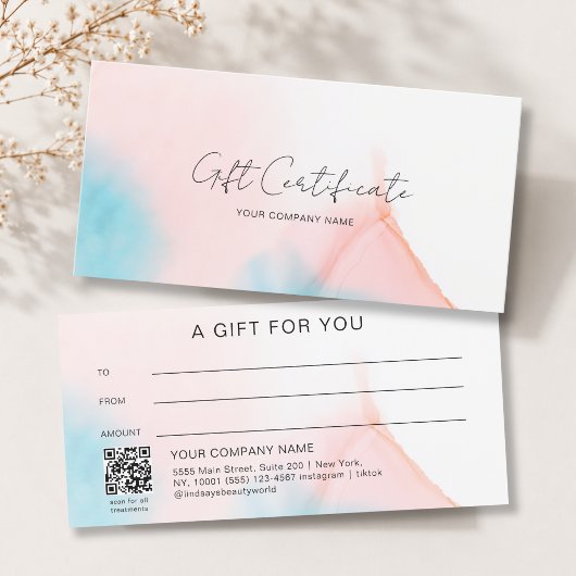 Carte Certificat cadeau Code QR encre aquarelle