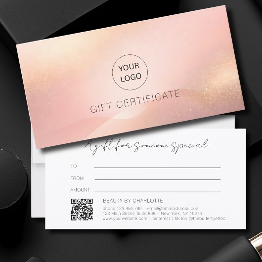 Carte Certificat Cadeau Code QR Logo Blush Gold Glow
