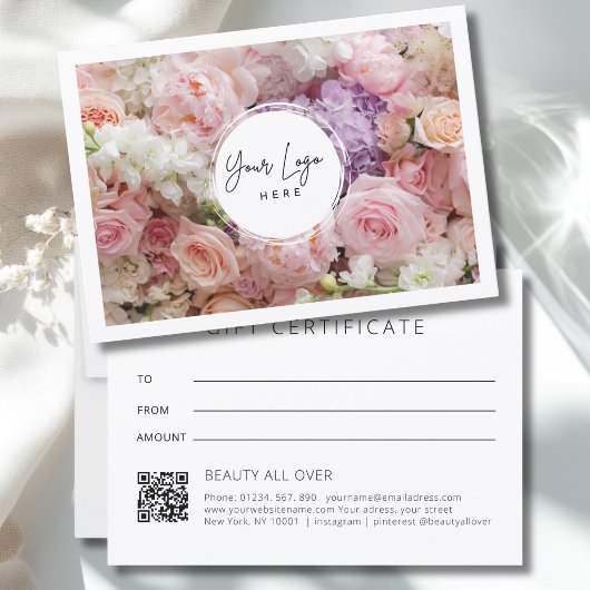 Carte Certificat Cadeau Code QR Logo Floral Moderne