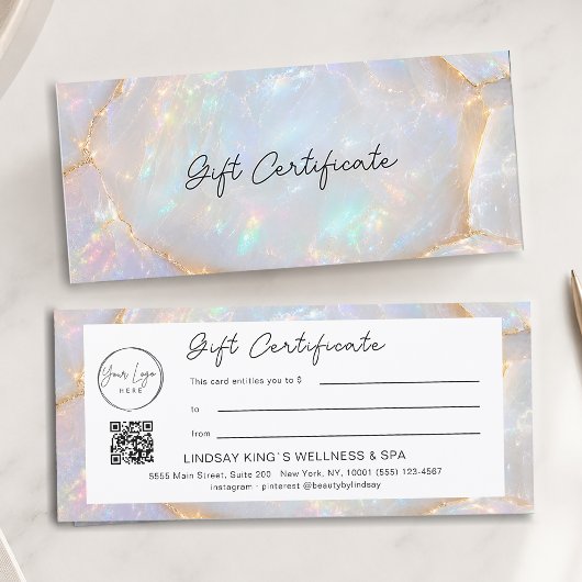 Carte Certificat Cadeau Code QR Logo Opale Luxe