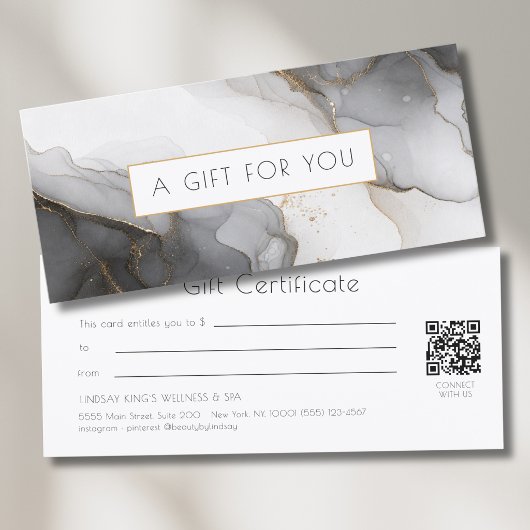Carte Certificat Cadeau Code QR Marbre Noir Or Luxe