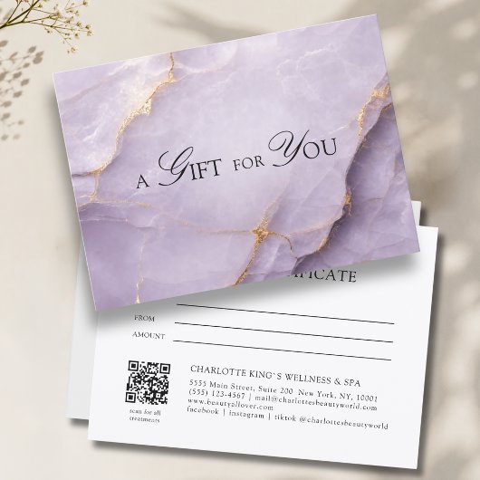 Carte Certificat Cadeau Code QR Marbre Violet Élégant