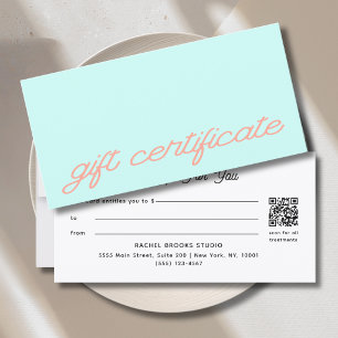 Carte Certificat Cadeau Code QR Moderne de Style Mint