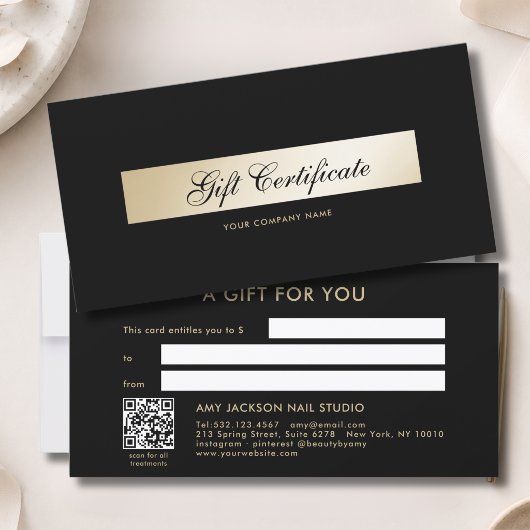 Carte Certificat Cadeau Code QR Or Noir Élégant