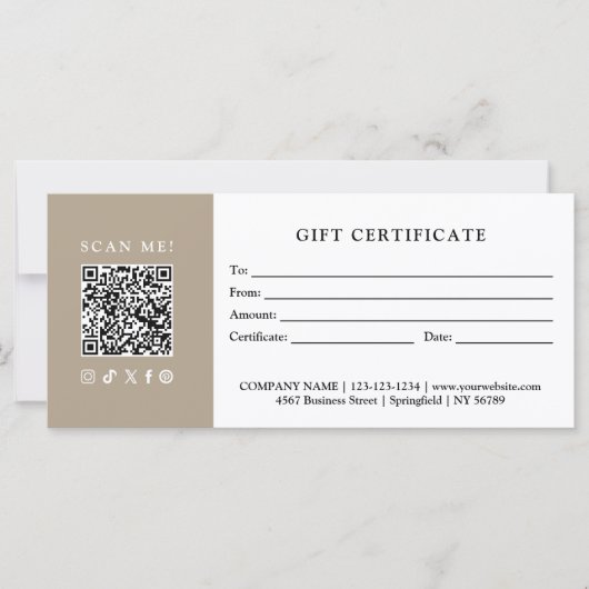 Carte Certificat Cadeau Code QR pour Entreprise Simple M (Devant)