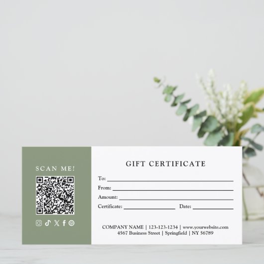 Carte Certificat Cadeau Code QR pour Entreprise Simple M (Debout devant)