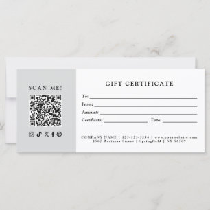 Carte Certificat Cadeau Code QR pour Entreprise Simple M