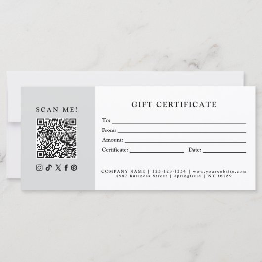 Carte Certificat Cadeau Code QR pour Entreprise Simple M (Devant)