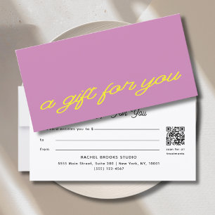 Carte Certificat Cadeau Code QR Rose Mauve Écriture Mode