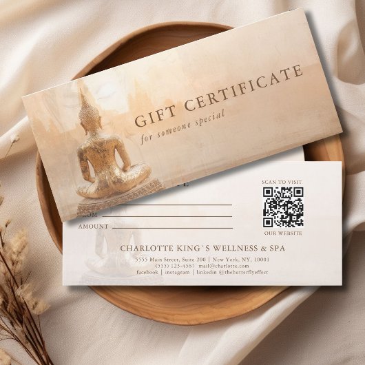 Carte Certificat Cadeau Code QR Salon Bouddha Doré
