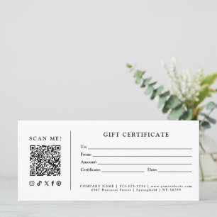 Carte Certificat Cadeau Code QR Simple et Moderne pour E
