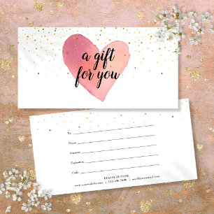 Carte Certificat Cadeau Cœur Aquarelle Paillettes Dorées