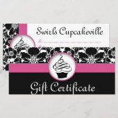 Carte Certificat cadeau Cupcake Floral Damask Rose Noir (Devant / Derrière)