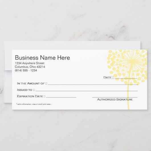 Carte Certificat cadeau Dandelion Jaune Design 3 (Devant)