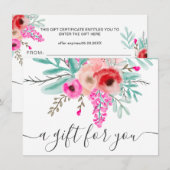 Carte certificat cadeau d'aquarelle rose menthe (Devant / Derrière)