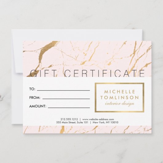 Carte Certificat cadeau de concepteur de marbre rose et (Devant)