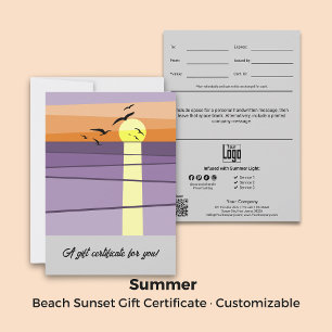 Carte Certificat Cadeau de Coucher de Soleil sur la Plag