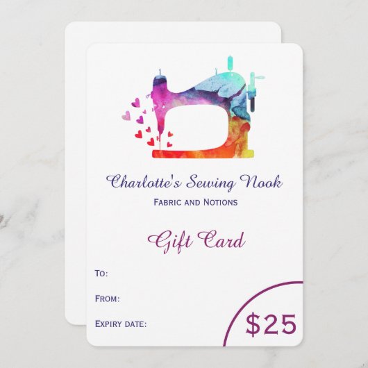 Carte Certificat cadeau de couture d'aquarelle (Devant / Derrière)