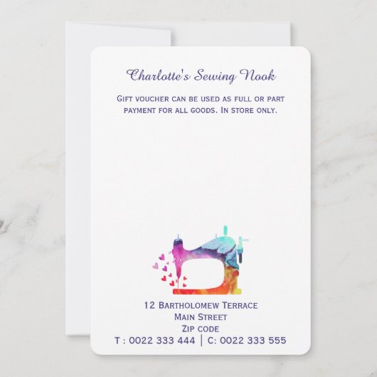 Carte Certificat cadeau de couture d'aquarelle (Dos)