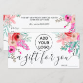 Carte Certificat cadeau de giron rose floral (Devant / Derrière)