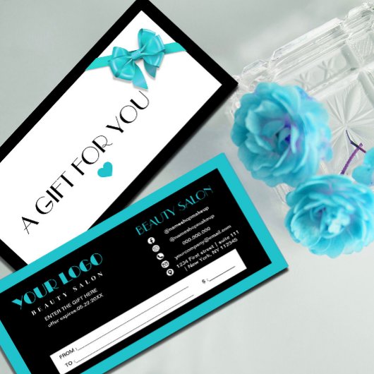 Carte Certificat cadeau de logo de coeur noir et turquoi