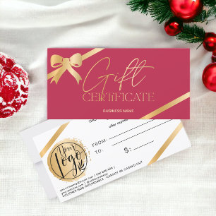 Carte Certificat cadeau de logo magenta en feuille d'or