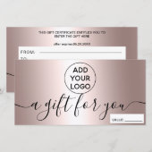 Carte Certificat cadeau de logo métallique rose moderne (Devant / Derrière)