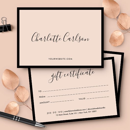 Carte Certificat cadeau de luxe moderne Script Blush Pin